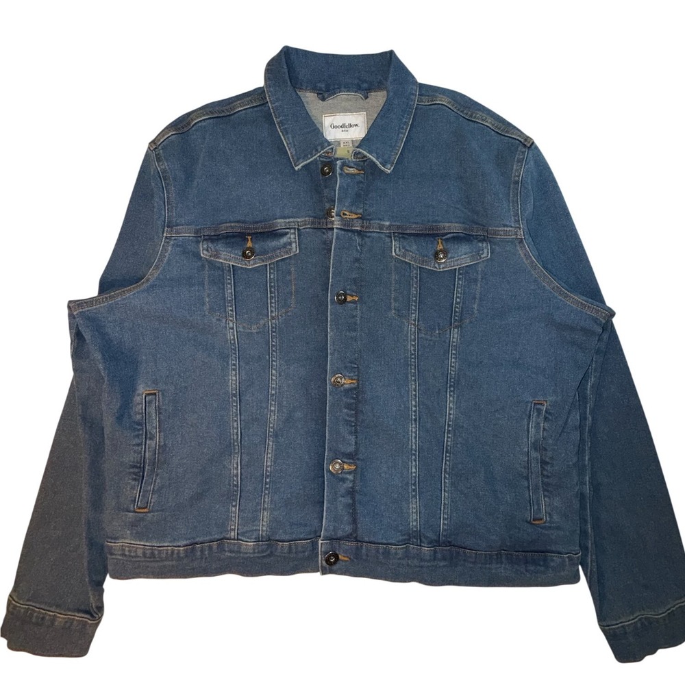 Goodfellow & Co Mens XXL Denim Jacket Mid Wash Blue Trucker Recycled Cotton NEW
